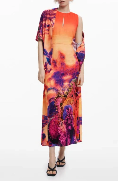 Desigual Print Sleeveless Maxi Dress In Orange/dark Pink