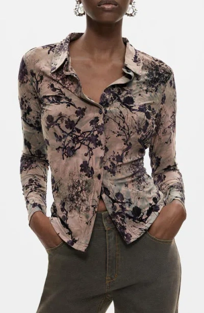 Desigual Print Stretch Button-up Shirt In Brown