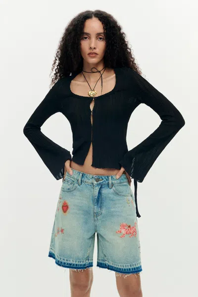 Desigual Printed Denim Bermuda In Multi