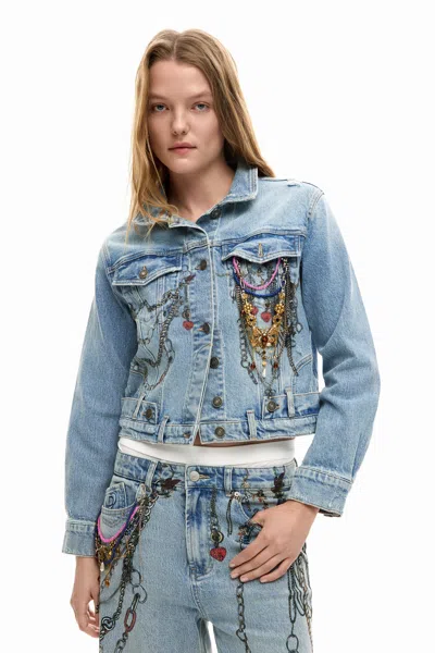 Desigual Printed Denim Jacket In Blue