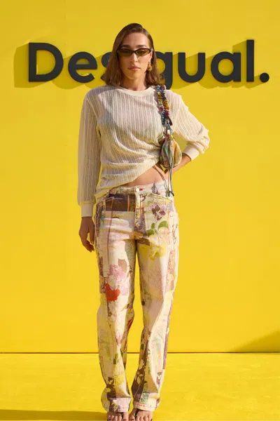 Desigual Printed Denim Trousers In Neutral