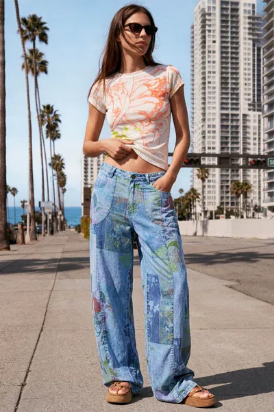 Desigual Printed Denim Trousers In Blue
