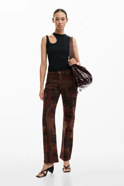 Desigual Printed Denim Trousers In Brown