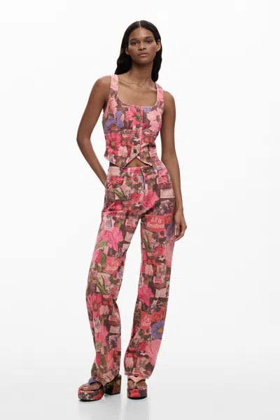 Desigual Printed Denim Trousers In Pink