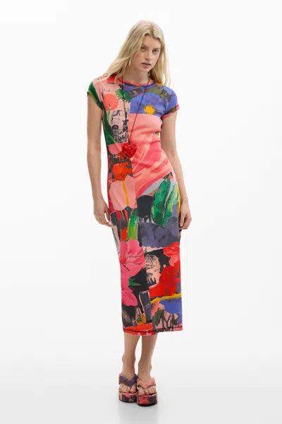 Desigual Printed Fitted Dress In Red
