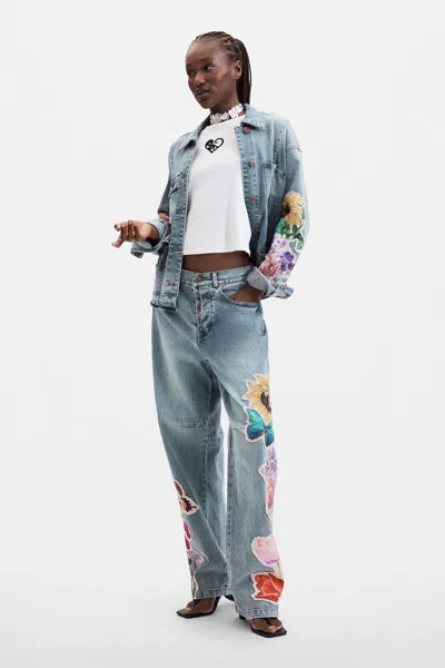 Desigual Printed Floral Jeans In Blue
