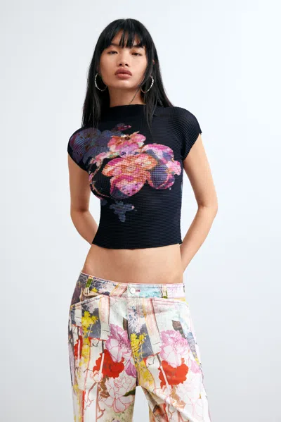 Desigual Printed High Neck Blouse In Black