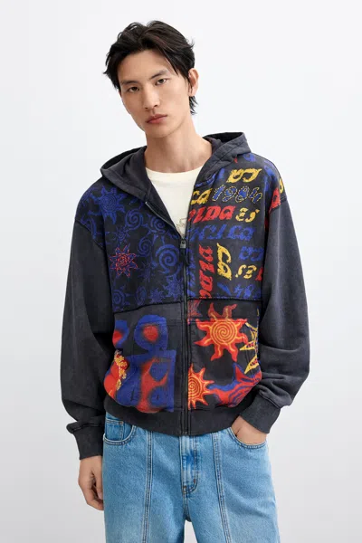 Desigual Printed Hoodie 100% Cotton In Black