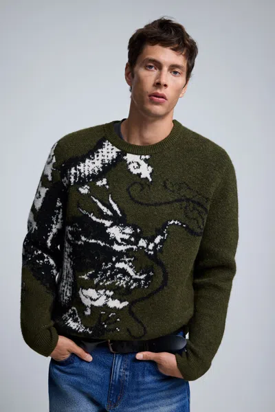 Desigual Printed Jacquard Sweater In Green
