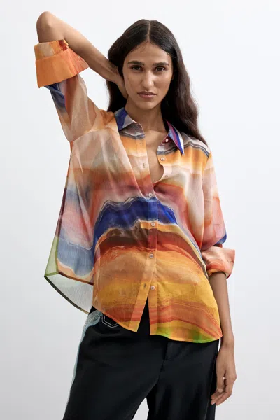 Desigual Printed Long Sleeve Blouse In Orange