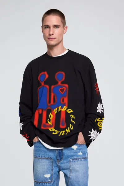 Desigual Printed Long Sleeve T-shirt In Black