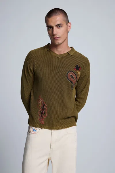 Desigual Printed Polo Sweater In Green
