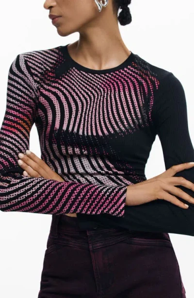 Desigual Printed Rib Long Sleeve Top In Black