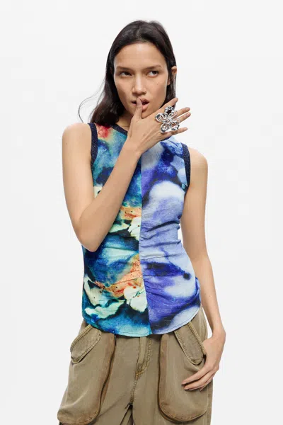 Desigual Printed Sleeveless Blouse In Blue