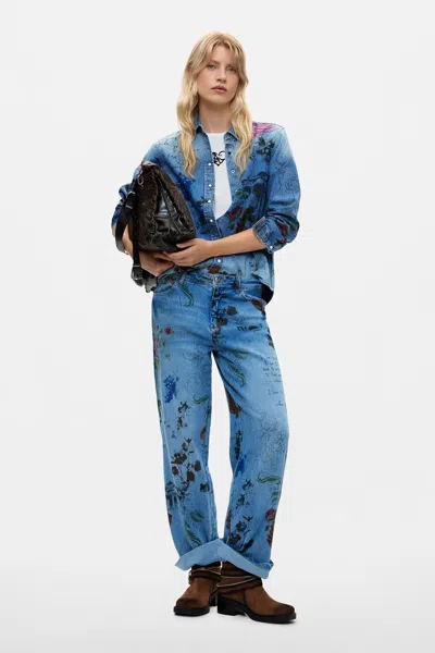 Desigual Printed Straight Jeans In Blue