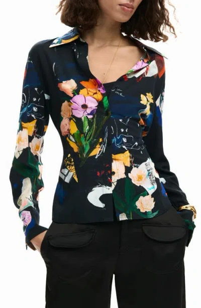 Desigual Printed Tie Back Button-up Shirt In Black