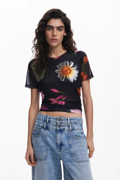 Desigual Printed Tulle T-shirt In Black