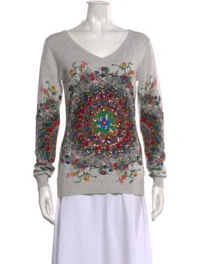 Pre-owned Desigual Printed V-neck Sweater In White