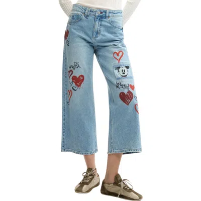 Desigual Printed Wide Leg Jeans In Blue
