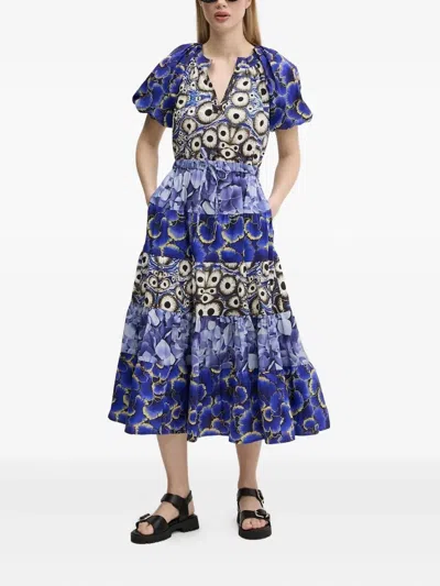 Desigual Puff-sleeve Tiered Dress In Blue