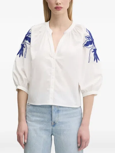 Desigual Puff-sleeves Beaded Floral Blouse In White