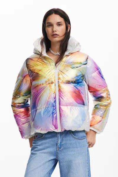 Desigual Quilted Floral Coat In Yellow