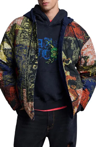 Desigual Quilted Mixed Pattern Jacket In Navy Blue