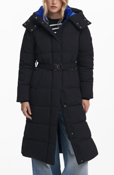 Desigual Quilted Puffer Longline Coat With Removable Hood In Black