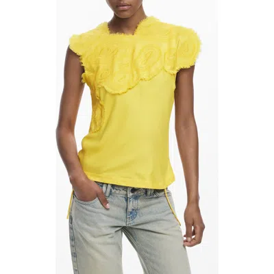 Desigual Raw Edge Cap Sleeve Top In Yellow