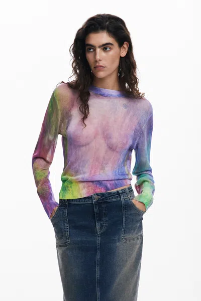 Desigual 水彩画風の薄手のセーター In Red