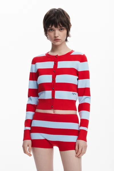 Desigual リブストライプカーディガン In Red