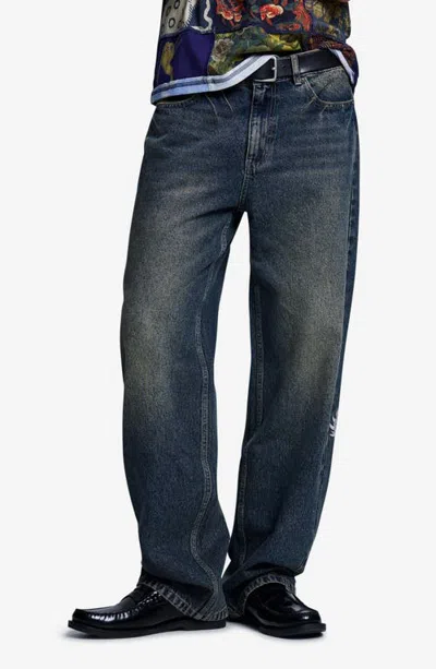 Desigual Relaxed High Waist Wide Leg Jeans In Dark Blue