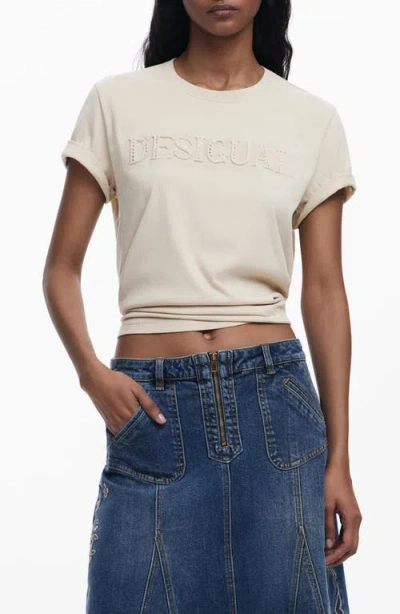 Desigual Rhinestone Embellished Cotton Graphic T-shirt In Light Beige