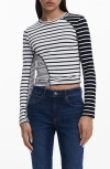 Desigual Rib Mixed Stripe Long Sleeve T-shirt In White