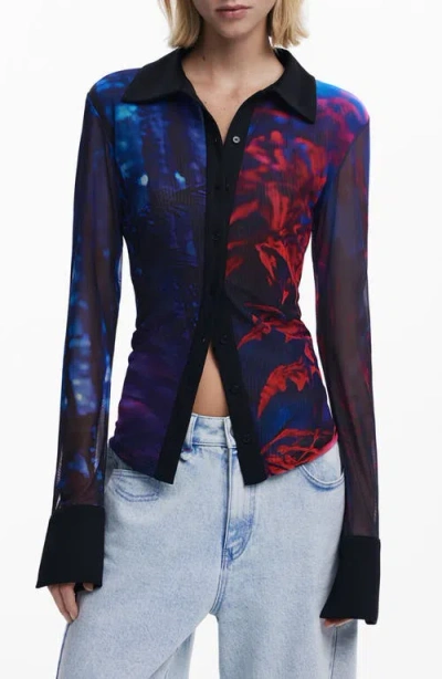 DESIGUAL DESIGUAL RIB TRIM MESH BUTTON-UP SHIRT