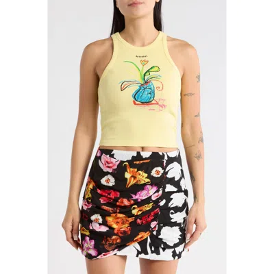 Desigual Ribbed Crop Graphic Tank In Yellow