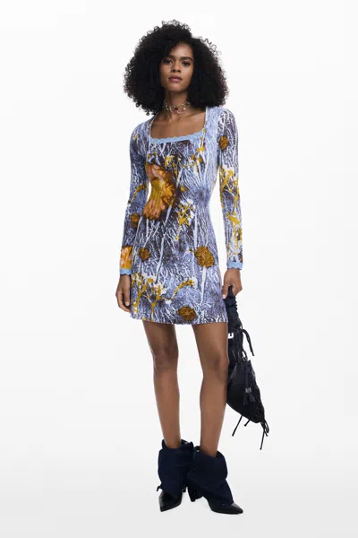 Desigual Ribbed Dress With Buttons In Blue