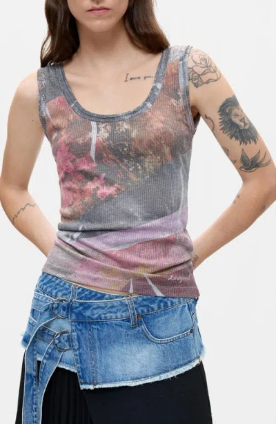 Desigual Ribbed Graphic Tank Top In Light Gray