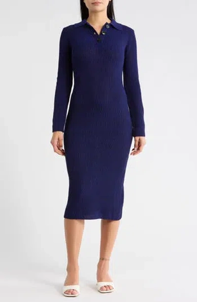 Desigual Ribbed Knit Long Sleeve Sweater Dress In Blue
