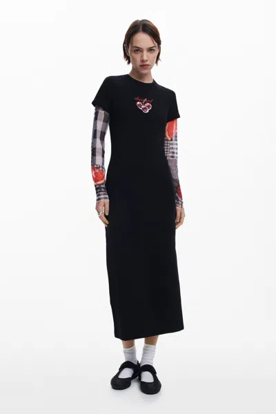 Desigual Ribbed Midi Dress Cherries In Black