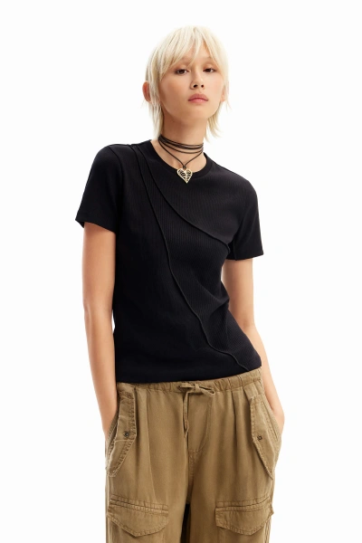 Desigual Ribbed Patchwork T-shirt In Black
