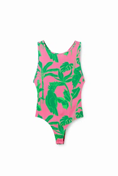 Desigual Ribbed Tropical Bodysuit With Straps In Red