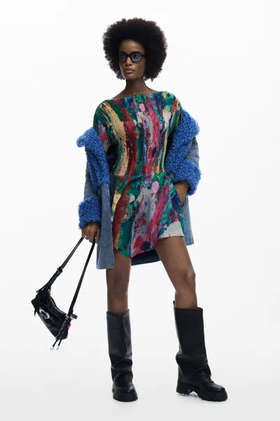 Desigual Smocked Long Sleeve Handkerchief Hem Dress In Multi