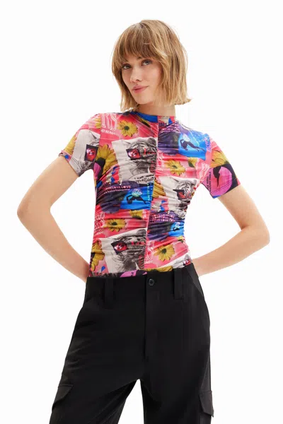 Desigual Ruched Collage Bodysuit In Material Finishes