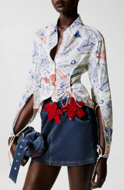 Desigual Ruched Long Sleeve Cotton Button-up Shirt In Multi