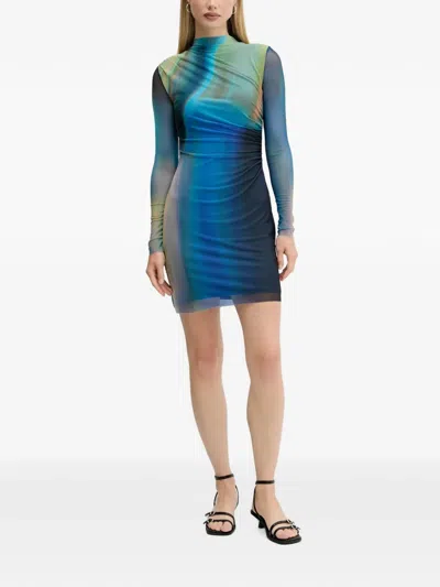 Desigual Ruched Mesh Mini Dress In Blue