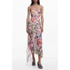 Desigual Ruched Ruffle Hem Asymmetric Maxi Dress In Multi