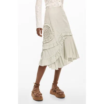 Desigual Ruffle Asymmetric Midi Skirt In White