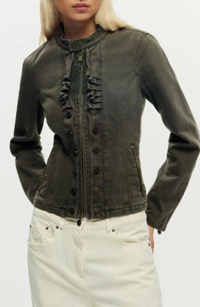 Desigual Ruffle Detail Denim Jacket In Green