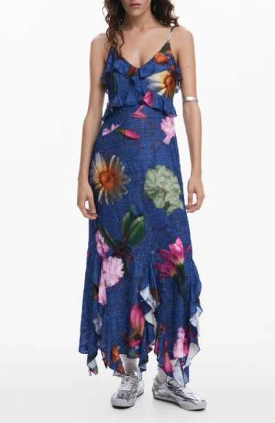 Desigual Ruffle Maxi Slipdress In Navy Blue